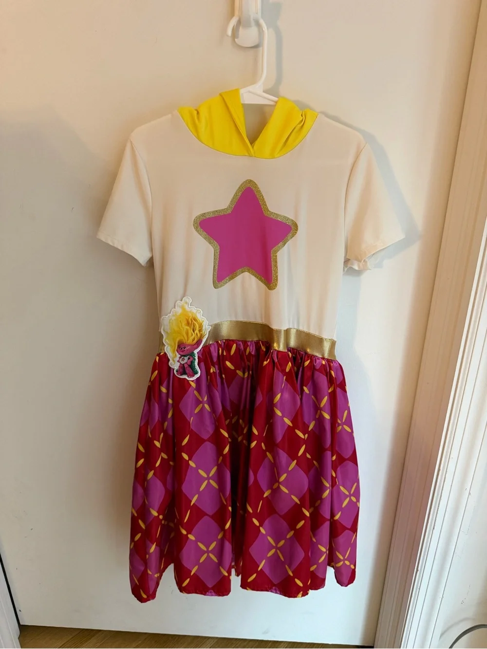 Trolls Girls Pink Star Hooded Costume Dress with Yellow Hood and Gold Trim